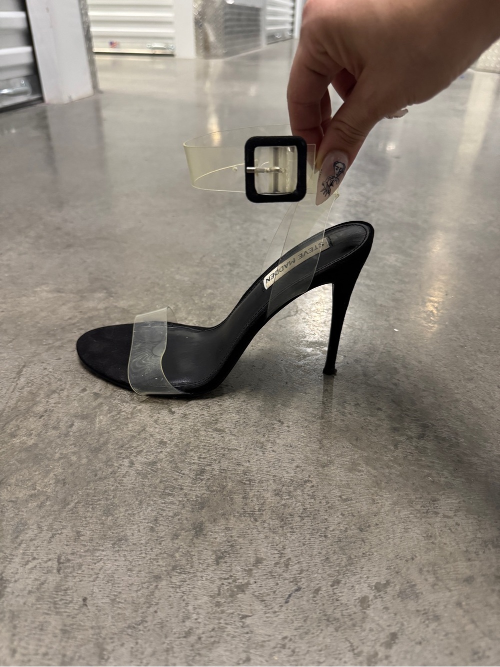 Steve Madden Black Stiletto with Clear Straps
